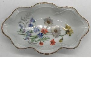 Limoges France porcelain floral print ruffle trim candy/nut dish 7"x4.5"